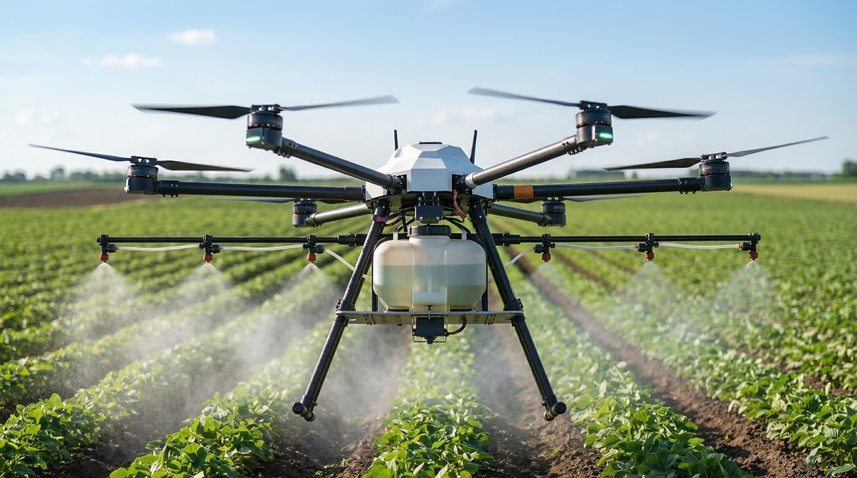 Atlas Ag spraying over soybean field — blue sky daytime
